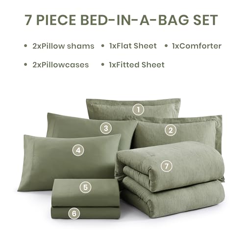 Queen Comforter Set Sage Green 7 Pieces Cationic Dyeing Bed in a Bag