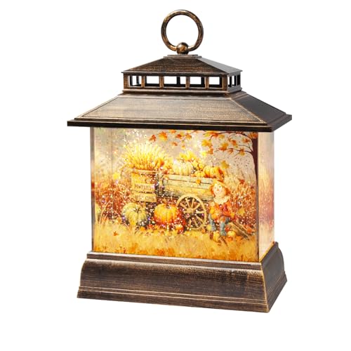 Fall Snow Globe Lantern Thanksgiving Pumpkins Spinning Water Lantern with Swirling Glitter 6H Timer Remote Control Fall Decorations for Home Thanksgiving Autumn Harvest