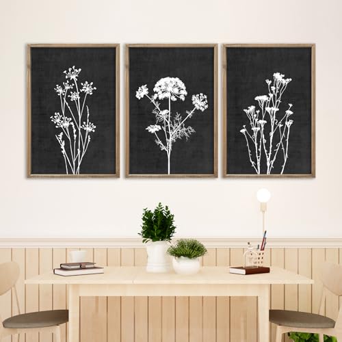 Flower Plant Wall Art Decor 24"x16" Set of 3 Black And White Wood Black (3 Count)