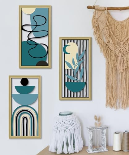 Boho Wall Art Set of 3 Modern Minimalist Wooden Wall Decor Abstract Geometric Room Decorations Mid Century Artwork for Living Room Bedroom Office in Blue Tones 16.5 x 8.6 Inch (3 Count)