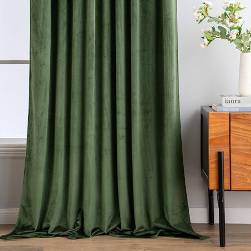 Olive Green Velvet Pinch Pleat Blackout Curtains W52 X L90 Inches