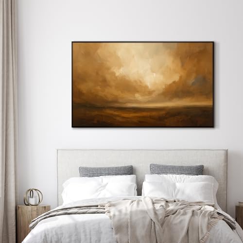 36"x60" Extra Large Framed Wall Art Golden Horizon Abstract Landscape Warm Brown and Amber Sky Illustration for Home Living Room Bedroom Decor