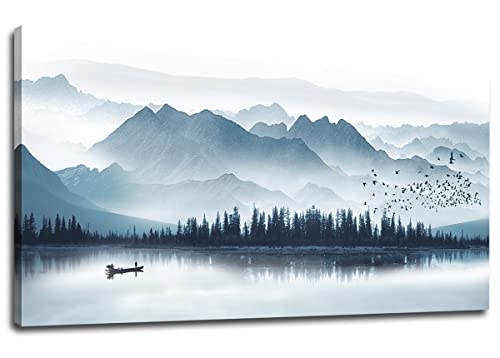 Indigo Canvas Wall Art Misty Mountain Wall Pictures Foggy Lake Boat Painting Print Blue Forest Birds Artwork Wall Decor for Living Room Wall Decorations Framed Ready to Hang 29" x 58"