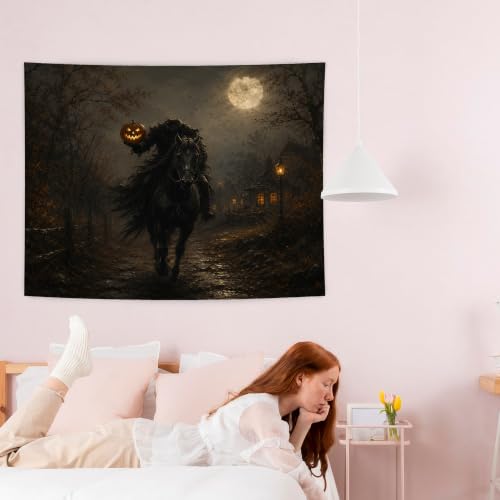 Whimsical Goth Halloween Headless Horseman Wall Tapestry 50x60 In