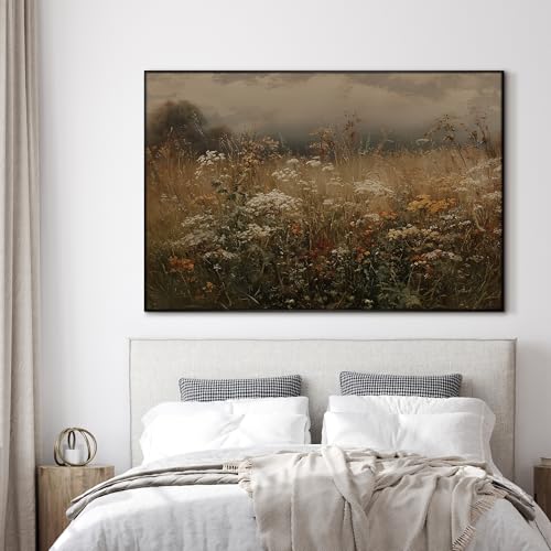 46"x72" Extra Large Framed Wall Art Autumn Meadow Landscape Rustic Brown and Golden Field Illustration for Home Living Room Bedroom Decor