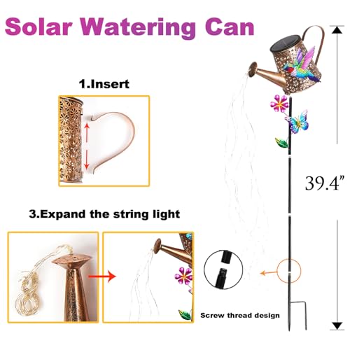 Solar Watering Can with Cascading Lights Outdoor Hummingbird Garden Decor