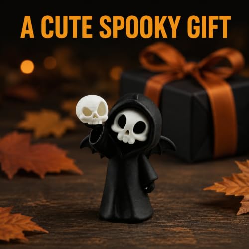Halloween Miniature Skeleton Figurine Cute Grim Reaper Skeleton Holding Skull with Black Hooded Gothic Desktop Decoration Spooky Collectible Ornament for Home Office Party Cake Display Gift