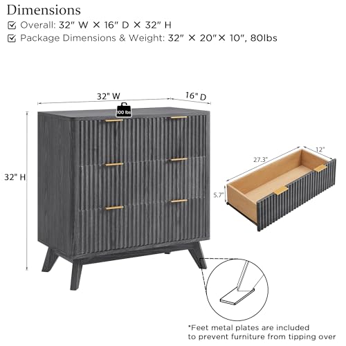32" Large Fluted Nightstand with 3 Drawers
