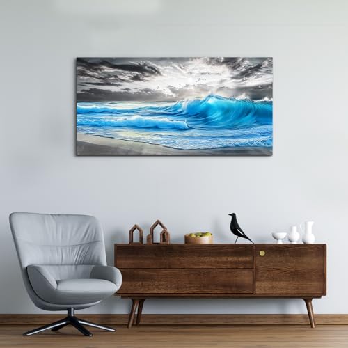 Blue Sea Wave Ocean Painting Wall Art For Living Room 24x48 In