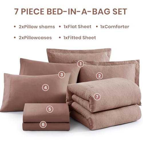 Full Comforter Set 7 Pieces Dusty Pink Cationic Dyeing Bed in a Bag