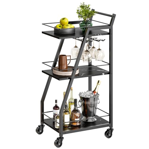 Bar Cart, 3-Tier Home Bar Serving Cart with Wheels, Drink Cart with Glass Holder, Beverage Cart, Rolling Kitchen Cart, for Home, Living Room, Marble Black and Black BC03BM
