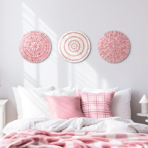 3 Pcs 11.8 Inches Modern Pink Mother of Pearl Shell Plate Preppy Coastal Pink Wall Art Mosaic Wall Sculpture Shell Handmade Hanging Plates Arts for Bedroom Bathroom Home Office Hotel (3 Count)