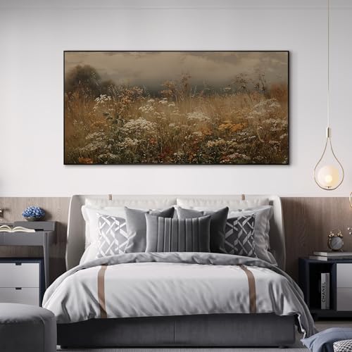 36"x72" Extra Large Framed Wall Art Autumn Meadow Landscape Rustic Brown and Golden Field with Wildflowers Country Illustration for Home Living Room Bedroom Decor