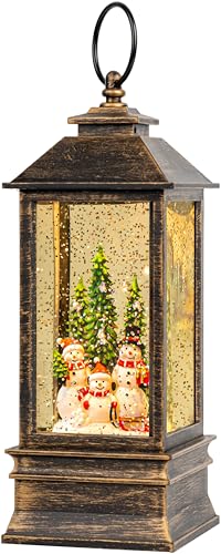 Christmas Snow Globe Water Lantern with Snowman Family Sledding Scene Battery Operated or USB Powered Musical Lighted Holiday Decoration for Tabletop Display for Family and Friends