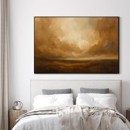 46"x72" Extra Large Framed Wall Art Golden Horizon Abstract Landscape Warm Brown and Amber Sky Illustration for Home Living Room Bedroom Decor