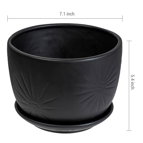 7 Inch Black Ceramic Sunburst Planter Pot with Attached Saucer