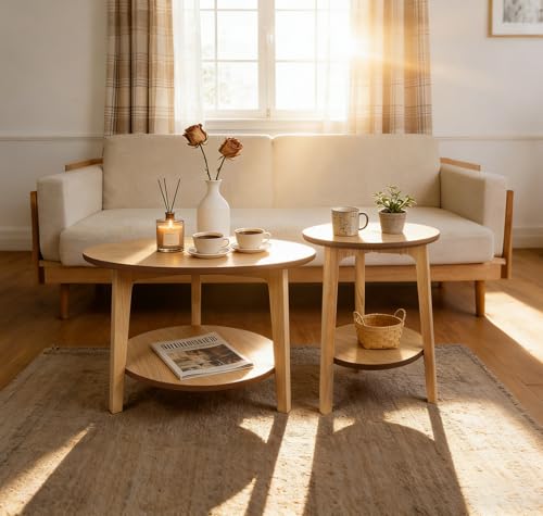 2 Tier Round Coffee Table Wood Nesting Side Table