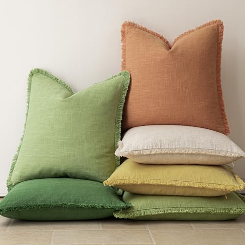 Decorative Linen Fringe Throw Pillow Covers 18×18 Ginger Yellow (2 Count)