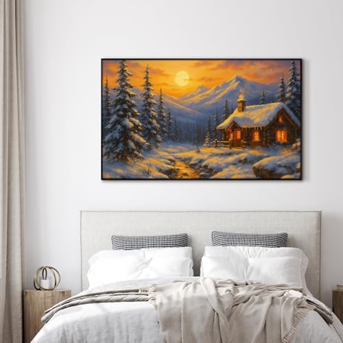 30"x60" Extra Large Framed Wall Art Cozy Cabin in Snowy Mountain Landscape at Sunset for Home Living Room Bedroom Decor