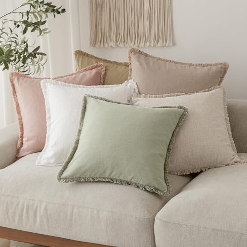 Decorative Linen Fringe Throw Pillow Covers 18×18 Light Green (2 Count)