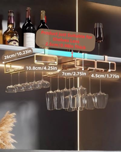 2 Pack Under Cabinet Wine Glass Rack Rose Gold Wine Glass Holder Stemware Rack Hanger Kitchen Hanging Storage Rack Organizer (2 Count)