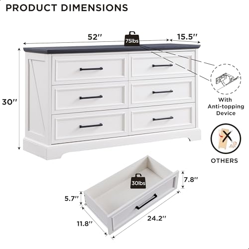 52" Wide Farmhouse 6 Drawer Dresser for Bedroom