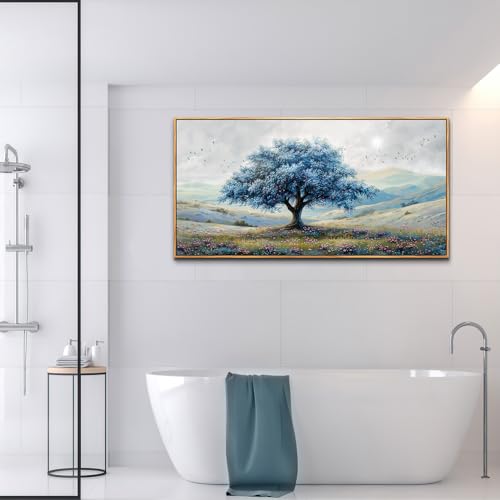 Large Wood Framed Wall Decor For Living Room Canvas Wall Art For Office Modern Wall Decorations For Bedroom Blue Tree Landscape Painting Farmhouse Pictures Artwork Home Decor 24x48 In