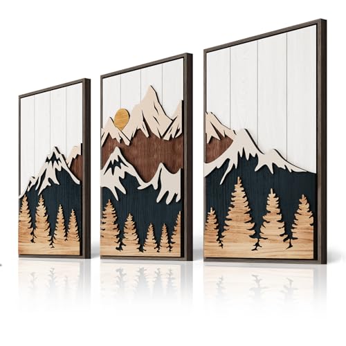 Large Framed 3D Wood Mountain Wall Art Decor for Living Room (3 Count)