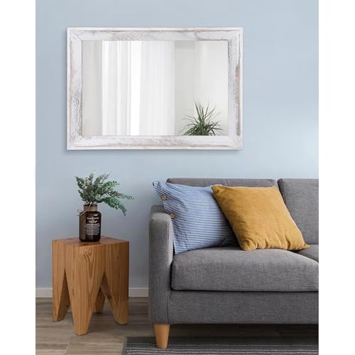 Mirrors for Wall Rustic Wood Framed Hanging Mirror 28"x20" Decorative for Farmhouse Bedroom Bathroom Living Room Entryway Hallway White