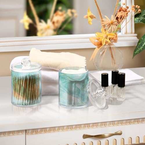 2 Pack Qtip Holder Dispenser Turquoise Marble Bathroom Storage Canister Lid 10 oz Acrylic Plastic Apothecary Jar Set Vanity Makeup Organizer for Cotton Swab (2 Count)
