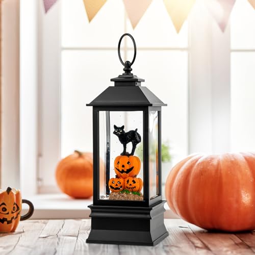 Halloween Snow Globe Lantern Water Glittering Spooky Witch' s Black Cat in Pumpkins with Music