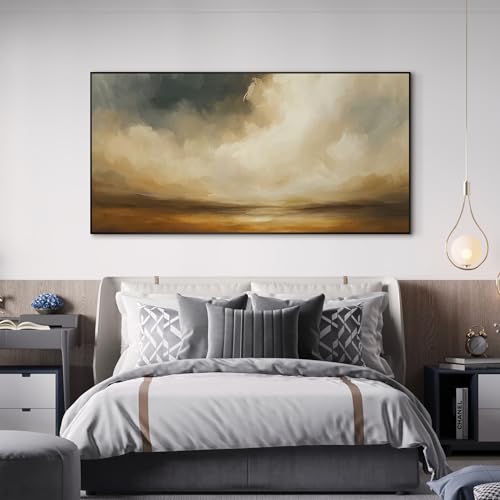 24"x46" Extra Large Framed Wall Art Golden Horizon Dramatic Abstract Landscape Illustration for Home Living Room Bedroom Decor