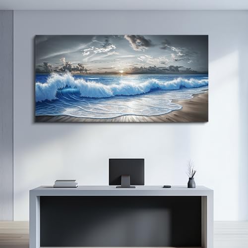 Large Canvas Wall Art Blue Ocean Wave Landscape Painting 30"X60"
