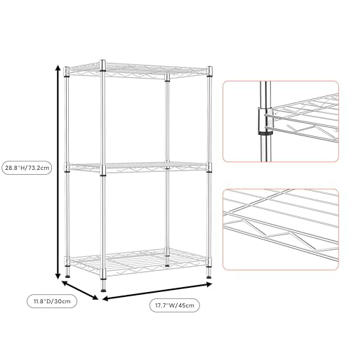 3 Tiers Shelf Metal Storage Shelves Wire Rack Closet Organizers with Wheel for Garage Kitchen Bathroom Laundry Chrome 11.8" D x 17.7" W x 28.8" H