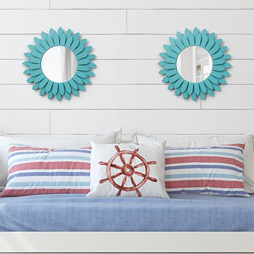 Beach Wall Decor Mirror 2 Pack 12 inch Wood Coastal Wall Decor Sunburst Boho Home Decor Room Decor for Bedroom Living Room Entryway Cyan (2 Count)