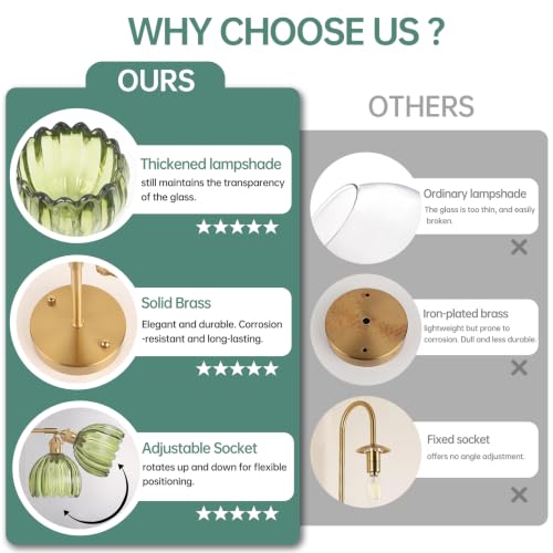 Vintage Wall Sconces Set of 2 with Green Tulip Glass Lampshade 180 Degree Adjustable Brass Sconces Hradwired Modern Wall Lighting Fixture with Switch for Bedside Bedroom Doorway (2 Count)