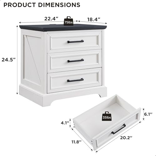 22" Farmhouse 3 Drawer Dresser for Bedroom