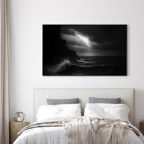 30"x60" Extra Large Framed Wall Art Dramatic Black and White Ocean Waves with Cliff and Stormy Sky for Home Living Room Bedroom Decor