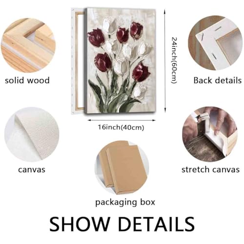 Abstract Tulip Wall Art White Floral Picture Minimalist Flower Painting 16x24inch Framed