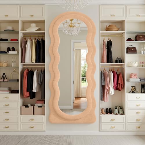 Full Length Mirror 71"x30" Irregular Wavy Full Body Wall Mounted Floor Mirror with Stand Milk Tea Flannel Frame Leaning Hanging Wall for Bedroom Entrance Hallway
