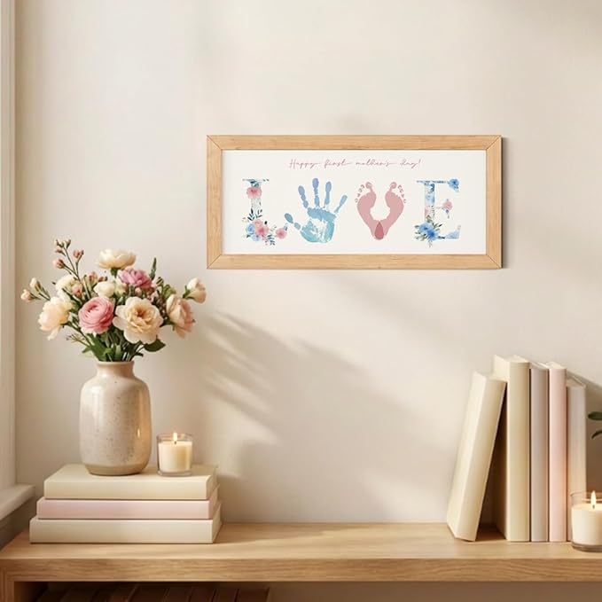 TwoDays First Mother's Day Handprint Gift from Baby - DIY LOVE Keepsake Hand & Footprint Craft Kit for Mom, Family Activity, Great Newborn Gift for Mother's Day (6" X 14", Wood Frame)