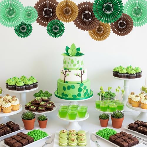 Honeycomb Round Paper Fans Green Brown Hanging Party Decoration (11 Count)
