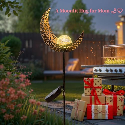 Moon Solar Lights Garden Outdoor Decor Waterproof Metal Solar Stakes Lights for Patio Yard Walkway Lawn Patio Mothers Garden Gifts Mom Wife Grandma