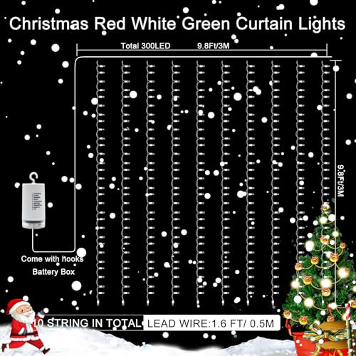 Red White and Green Christmas Curtain Lights Battery Operated (300 Count)