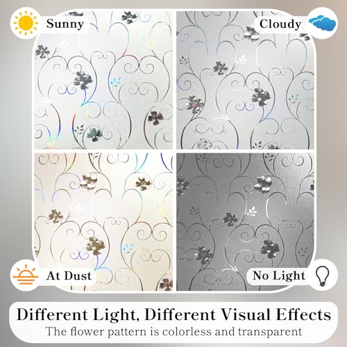 Window Privacy Film 3D Flower Pattern Stained Glass Window Film Frosted Rainbow Window Film Decorative Decals Removable Static Clings Vinyl Anti UV Window Cling for Home 23.6 x 118 inches