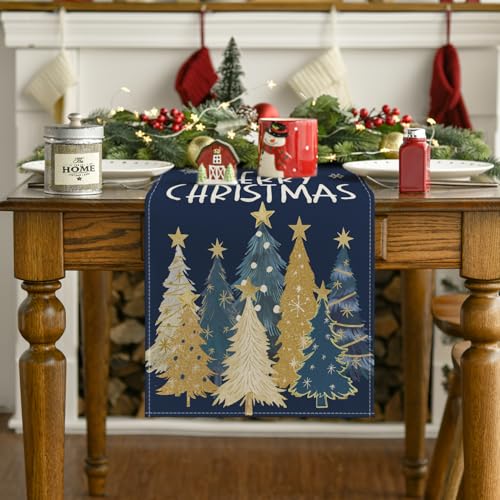 Blue Xmas Trees Table Runner Home Party Decor 13x72 Inch
