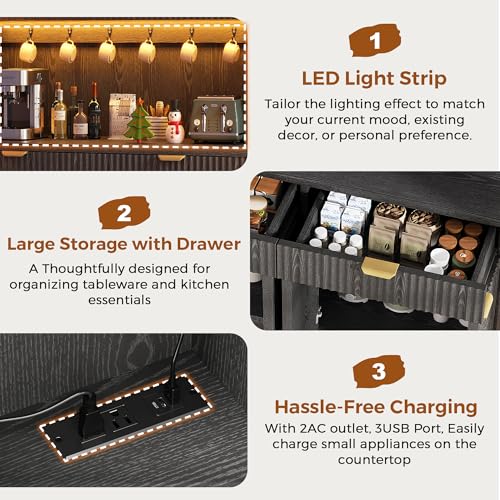 Fluted Kitchen Pantry Storage Cabinet with Charging Station & LED Lights