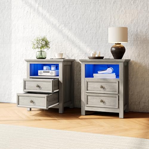 Set of 2 Nightstand with Charger Station Strip Lights