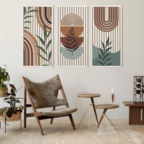 Large Boho Wood Wall Art 16x32 Inch Mid Century Modern Bohemian Wooden Wall Decor Brown Minimalist Geometric Plant Decor for Bedroom Living Room Dining Room Set of 3 (3 Count)
