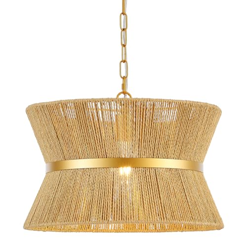 18” Hand Woven Rattan Boho Chandelier Brass Ajustable Pendant Light for Kitchen Island Living Room Bedroom Hallway